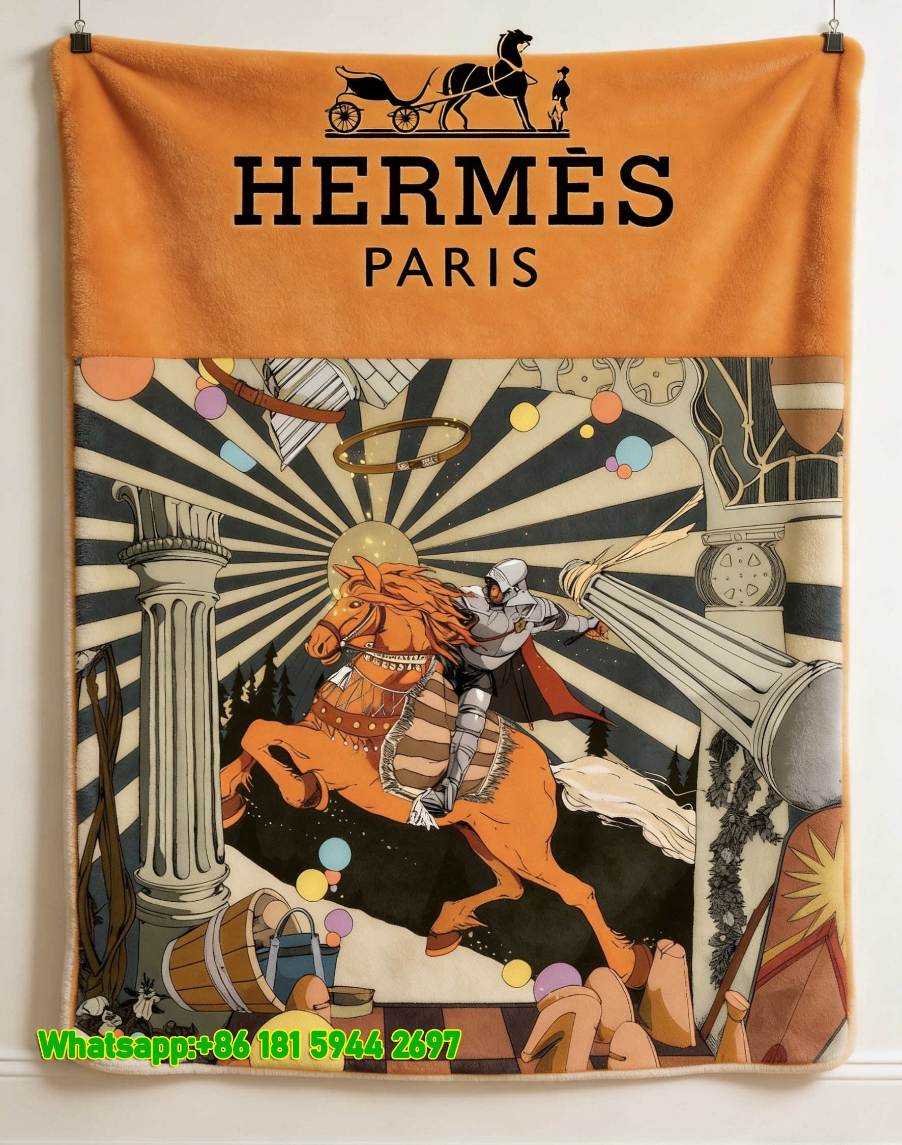 Luxury Hermès Style Knight & Horse Print Flannel Throw Blanket IMG_5205